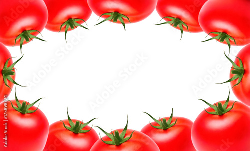 Lots of tomatoes on the edges of the photo, copy space, isolate on white background