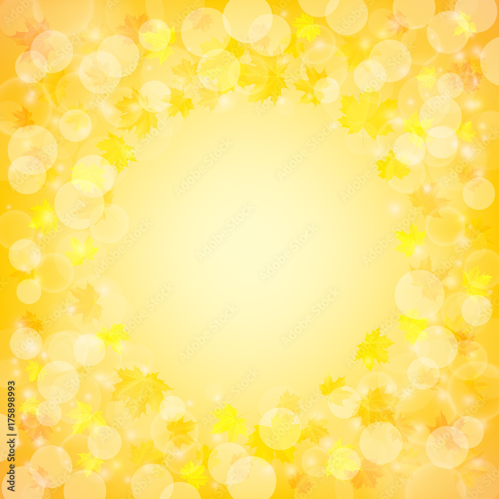 Bright and shiny autumn background with bokeh lights and colorful autumn maple leaves. Vector illustration. Bright and shiny autumn background with bokeh lights and colorful autumn maple leaves. Vector illustration.