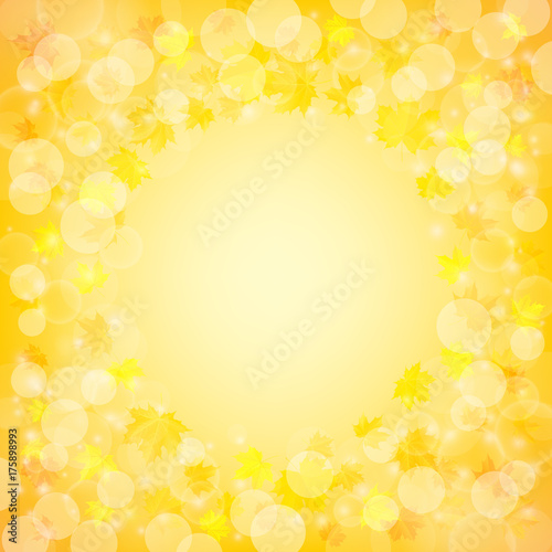 Bright and shiny autumn background with bokeh lights and colorful autumn maple leaves. Vector illustration.