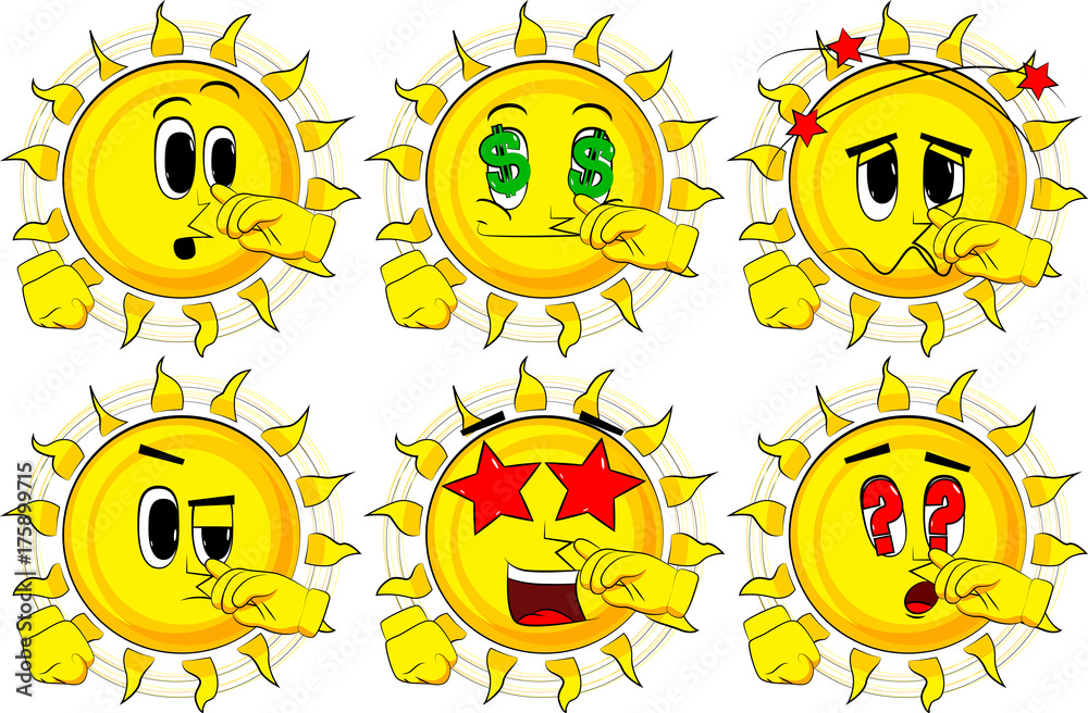 Cartoon sun with symphaty. Collection with various facial expressions. Vector set.