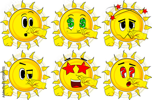 Cartoon sun with symphaty. Collection with various facial expressions. Vector set.