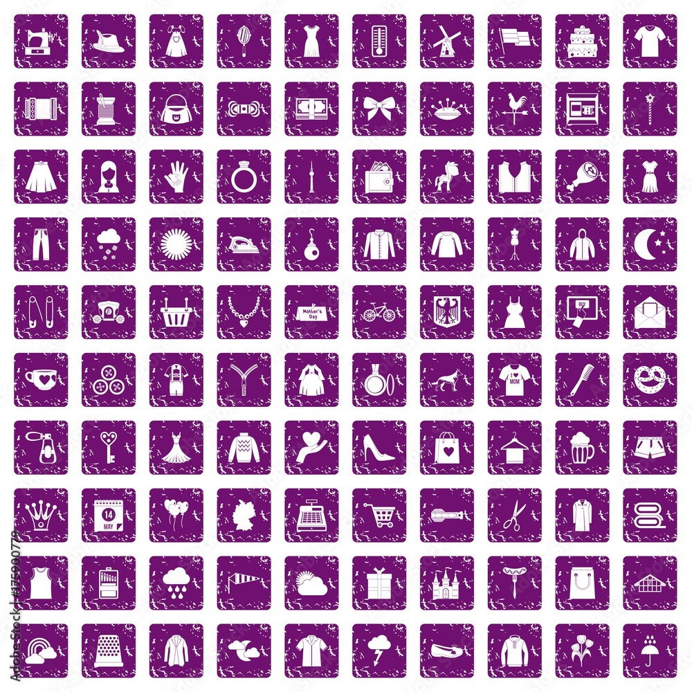 100 dress icons set grunge purple