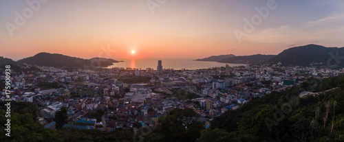 Aerial Panorama Of Sunset Over Patong City In Phuket Province, Southern Thailand