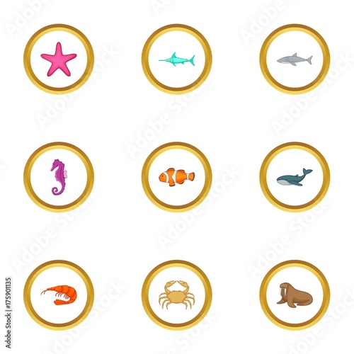 Sea animals icons set, cartoon style
