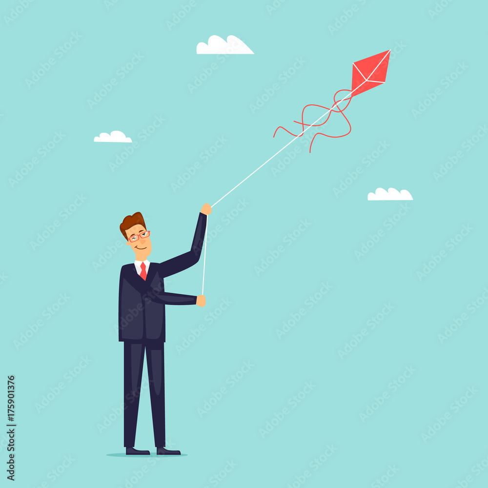Businessman launches a kite. Flat design vector illustration. Businessman launches a kite. Flat design vector illustration.