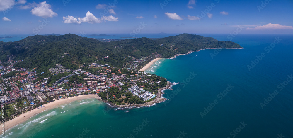 Fototapeta premium Blue Sky Over Kata And Kata Noi Beaches In Phuket, Thailand, Aerial Panorama Shot