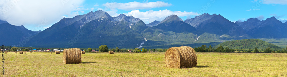 Panoramic view of the foothill valley during harvesting. Bales of cereal straw on the background of mountains. Rural landscape