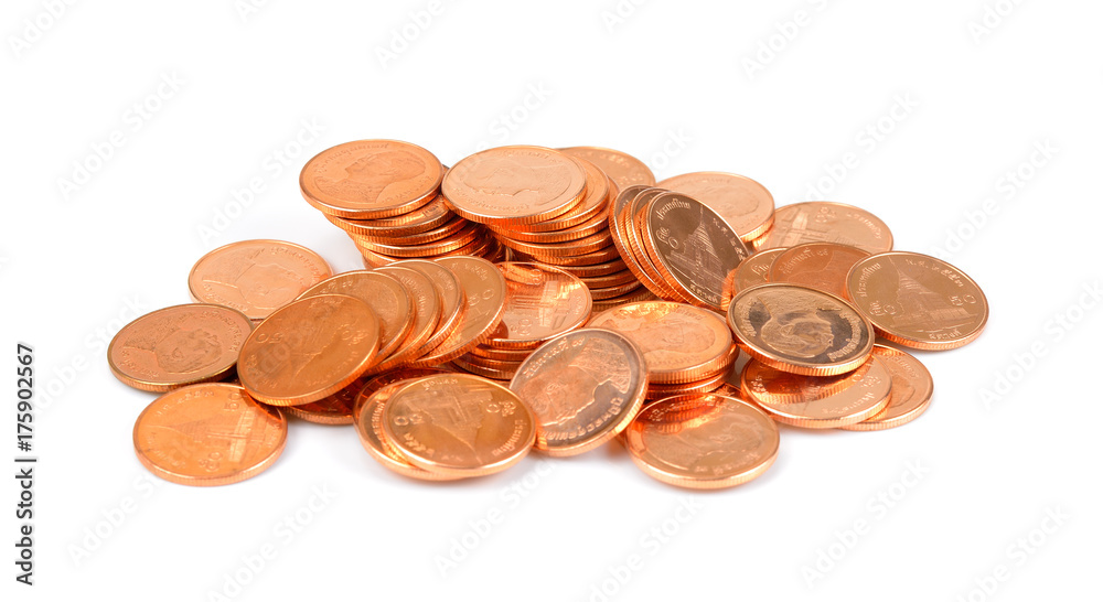 Bath Thai gold coins on white background, golden coins, Small money Bath Thai gold coins on white background, golden coins, Small money