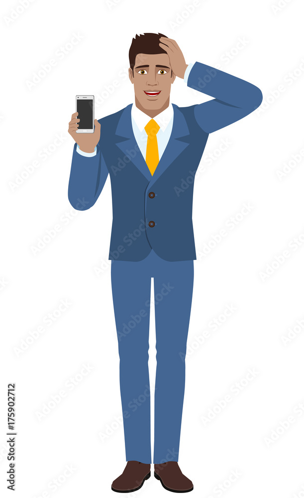 Businessman holding mobile phone and grabbed his head Businessman holding mobile phone and grabbed his head
