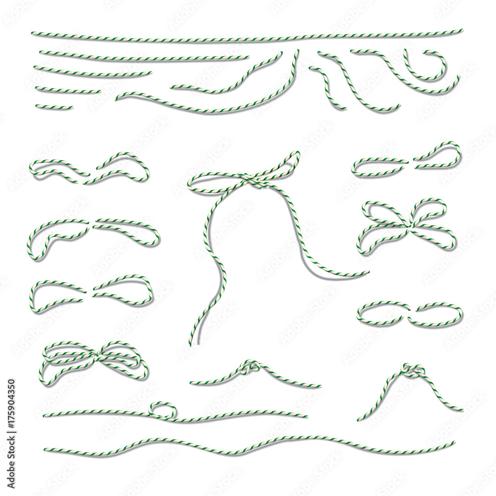 Holiday vector striped green ribbons and bows parts. String and bow elements. Holiday vector striped green ribbons and bows parts. String and bow elements.