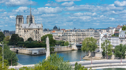  Paris, panorama of Notre-Dame cathedral and the Tournelle bridge in the center, ile de la Cite and ile Saint-Louis 
