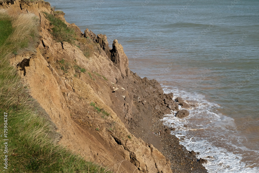 Clay cliff erosion on the east coast of Yorkshire, UK.