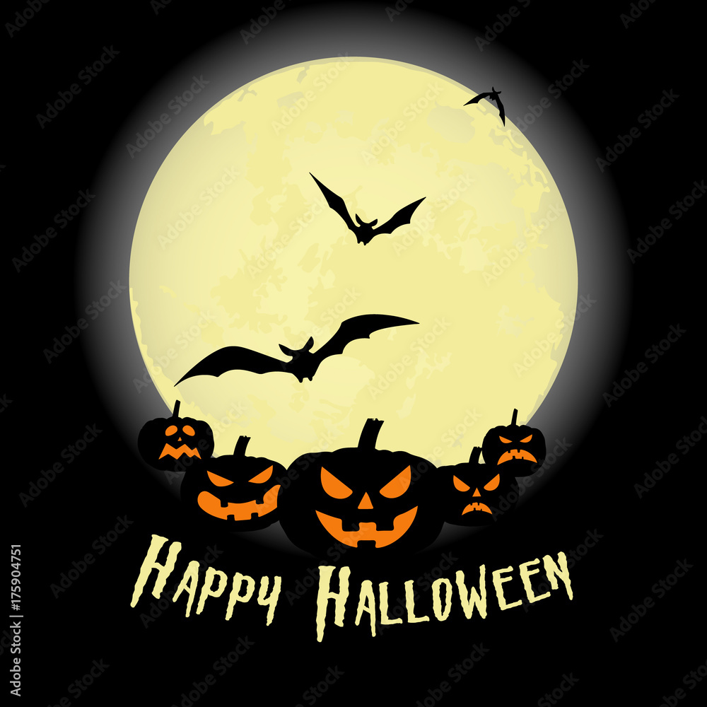 Halloween party. Pumpkin, bats and full moon. Halloween poster. Vector illustration.