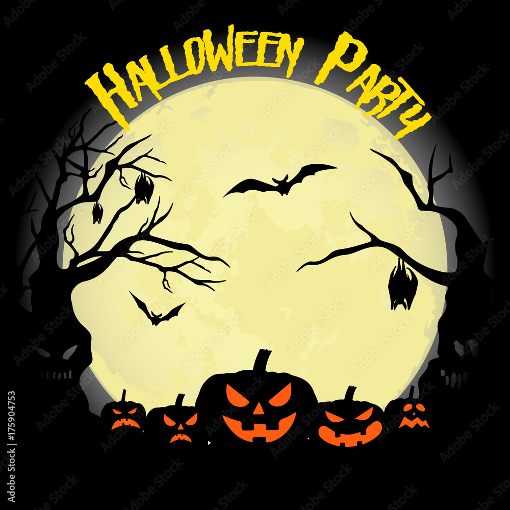 Halloween party. Pumpkin, bats and full moon. Halloween poster. Vector illustration.