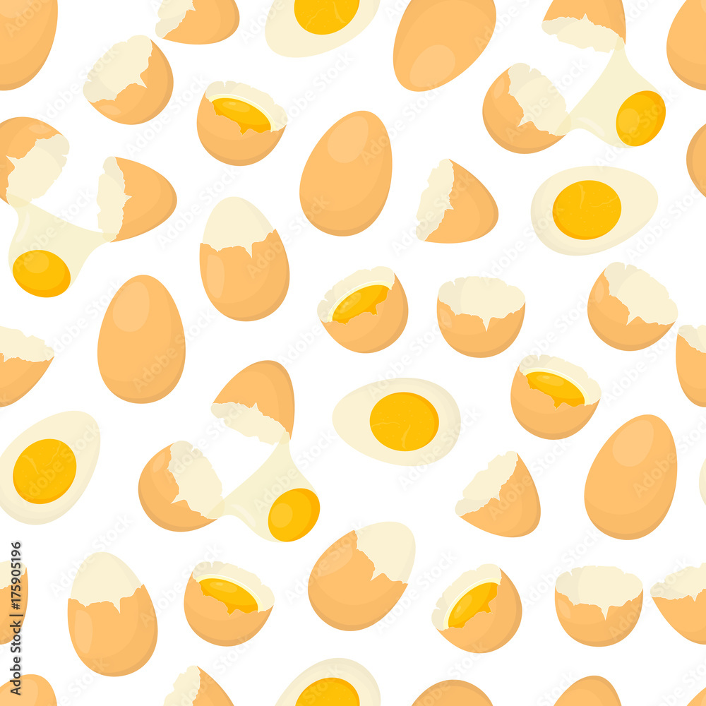 Cartoon Fried and Fresh Eggs Background Pattern on a White. Vector