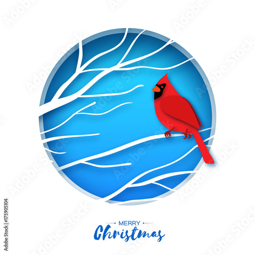 Red cardinal sitting on a branch. Merry Christmas Greeting Card.Bird sitting on a birches branch in paper cut style. Origami Fall winter. Happy holidays. Blue background. Vector photo