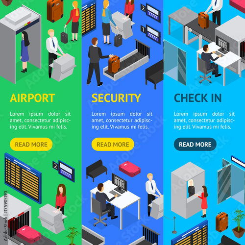 Airport Security Check-In Banner Vecrtical Set Isometric View. Vector