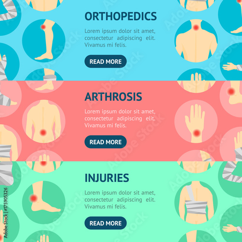 Human Injuries Set Bandage and Center Pain Banner Horizontal Set. Vector