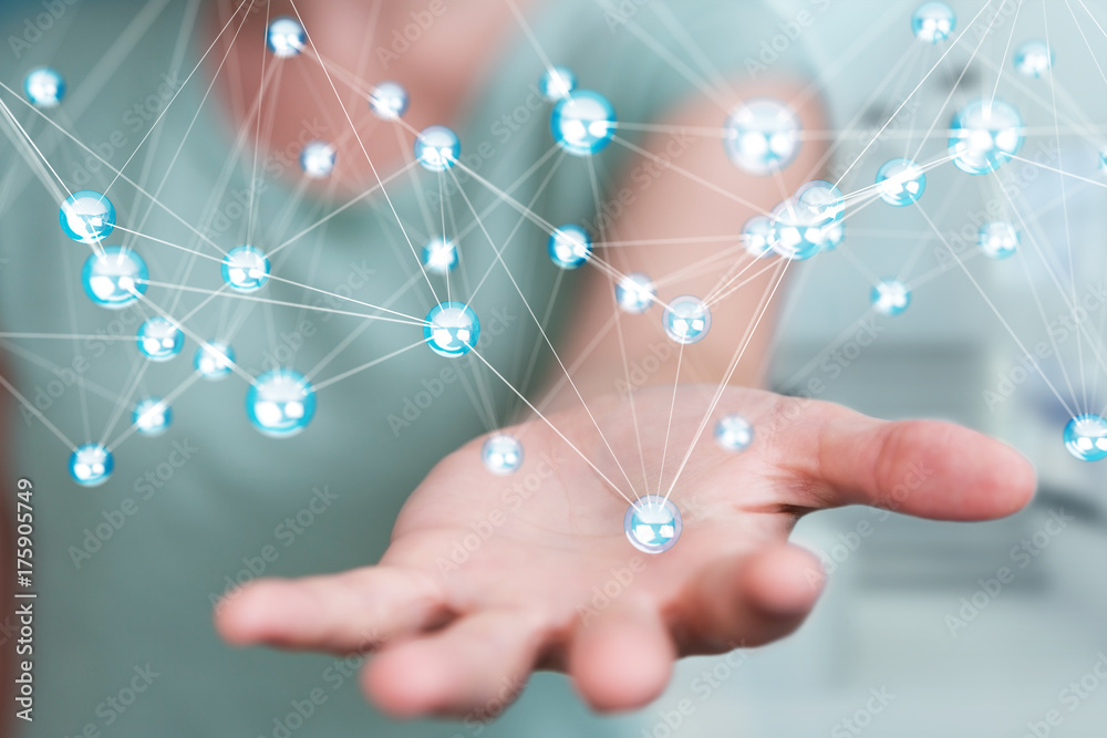 Businesswoman using flying network balls connection 3D rendering Businesswoman using flying network balls connection 3D rendering