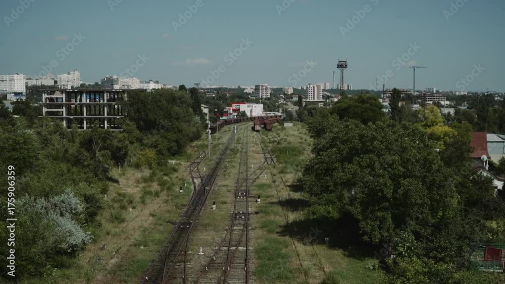 A fly over an old railway system in a post soviet town. A fly over an old railway system in a post soviet town.