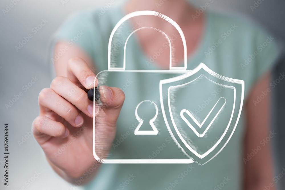 Businesswoman drawing a hand-drawn antivirus system Businesswoman drawing a hand-drawn antivirus system