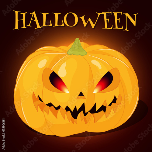 Background with terrible and spooky Jack o lantern for Halloween in cartoon style. Vector illustration. Holiday Collection.