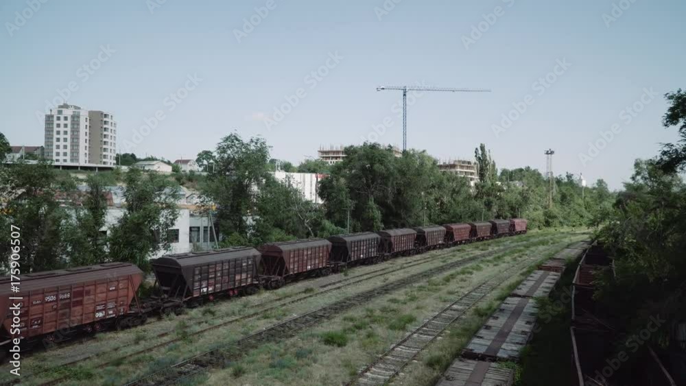 A fly over an old railway system in a post soviet town. A fly over an old railway system in a post soviet town.