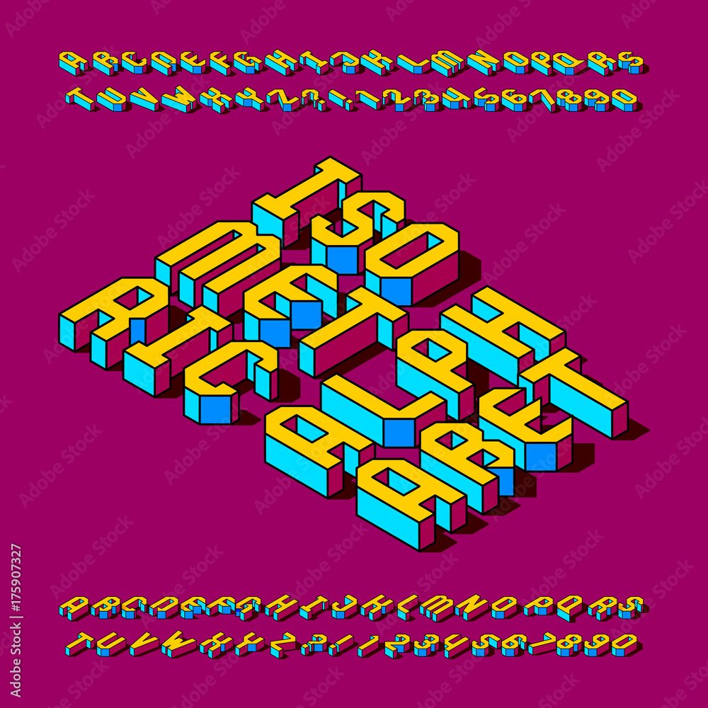 Isometric alphabet font. Colorful letters, numbers and symbols with