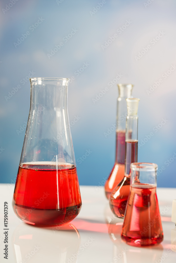 microscope with lab glassware, science laboratory research concept microscope with lab glassware, science laboratory research concept