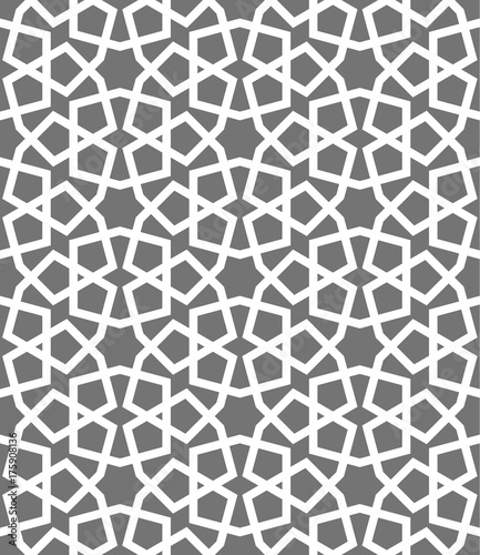 Islamic seamless vector pattern. White Geometric ornaments based on traditional arabic art. Oriental muslim mosaic. Turkish, Arabian, Moroccan design on a dark background. Mosque decoration element