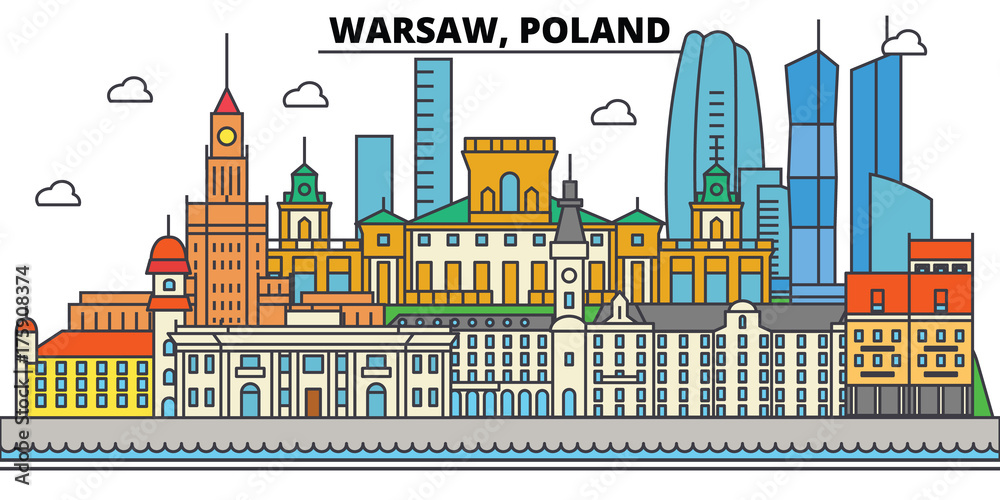 Poland, Warsaw. City skyline, architecture, buildings, streets, silhouette, landscape, panorama, landmarks. Editable strokes. Flat design line vector illustration concept. Isolated icons - obrazy, fototapety, plakaty 