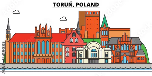 Obraz Polska, Toruń. Panoramę miasta, architektura, budynki, ulice, sylwetka, krajobraz, panorama, zabytki. Obrysy edytowalne. Płaska konstrukcja linii wektor ilustracja koncepcja. Pojedyncze ikony