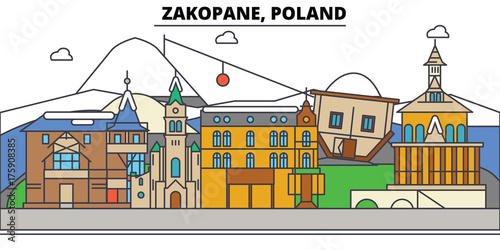 Poland, Zakopane. City skyline, architecture, buildings, streets, silhouette, landscape, panorama, landmarks. Editable strokes. Flat design line vector illustration concept. Isolated icons