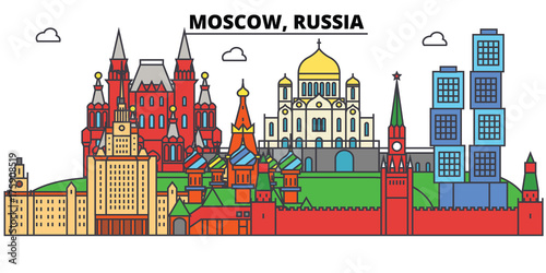Russia, Moscow. City skyline, architecture, buildings, streets, silhouette, landscape, panorama, landmarks. Editable strokes. Flat design line vector illustration concept. Isolated icons
