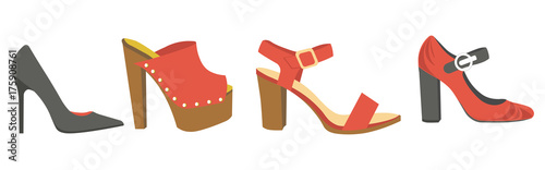 Women shoes or female footwear boots types vector flat isolated icons set