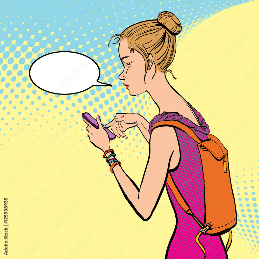 Illustration of a girl Holding a Mobile Phone.