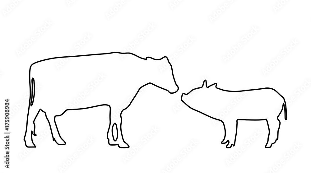 Vector silhouette of cow and pig logo on white background.
