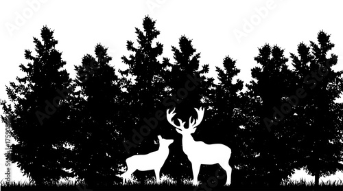 Vector silhouette of deer in forest on white background.