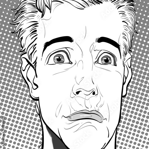 Portrait of sad man. Sadness. Surprised man. Concept idea of advertisement and promo. Pop art retro style illustration. People in retro style. Halftone background.