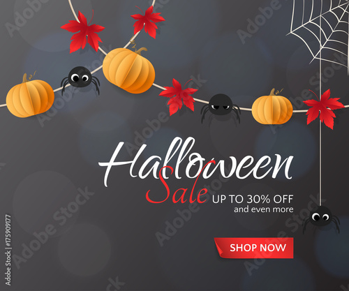 Vector illustration for Halloween Sale banners and flyers with holiday garlands. Festive dark background with paper pumpkins, spiders and red maple leaves for discount offers. With place for text.