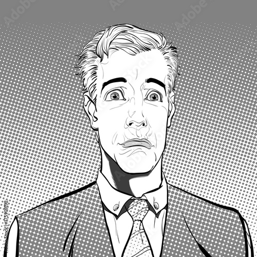 Portrait of sad man. Sadness. Surprised man. Concept idea of advertisement and promo. Pop art retro style illustration. People in retro style. Halftone background.