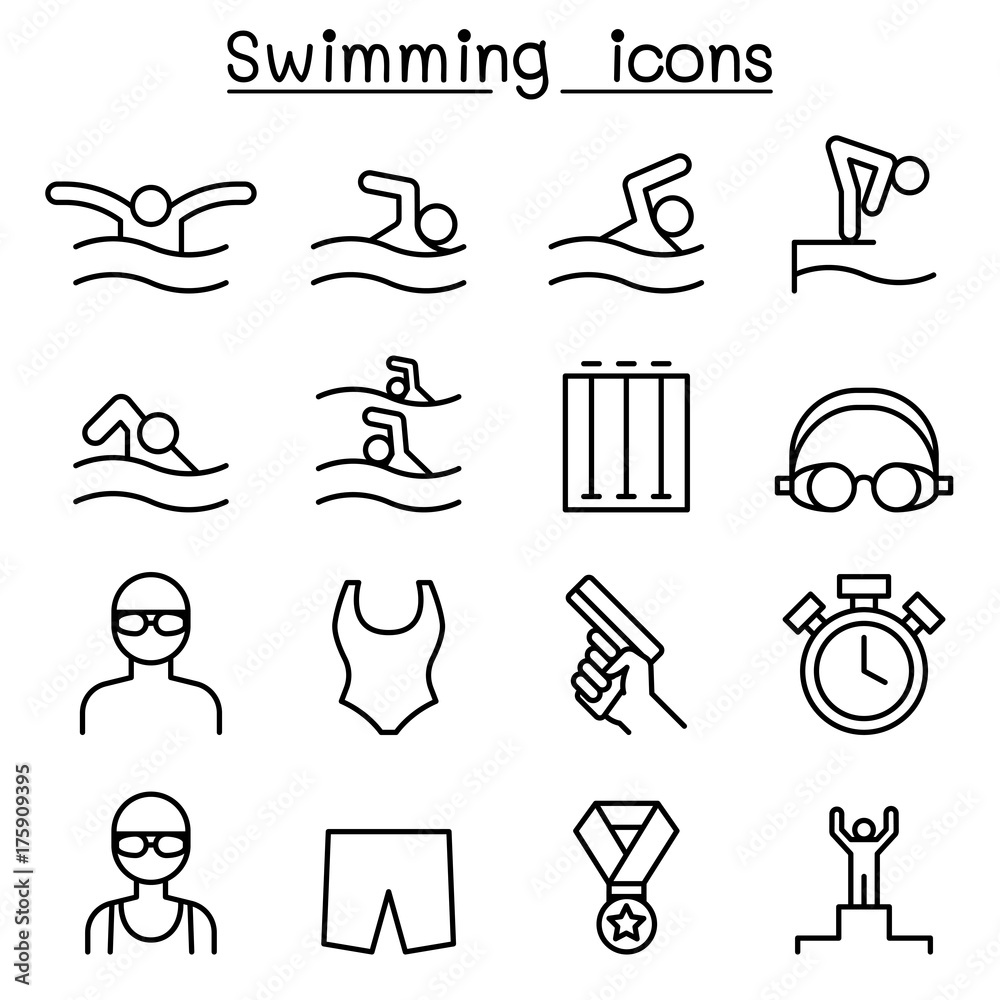 Swimming icon set in thin line style