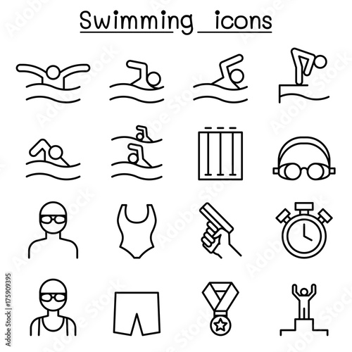 Swimming icon set in thin line style