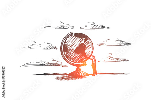 Education concept. Hand drawn man near world globe. Person near Earth symbol isolated vector illustration.