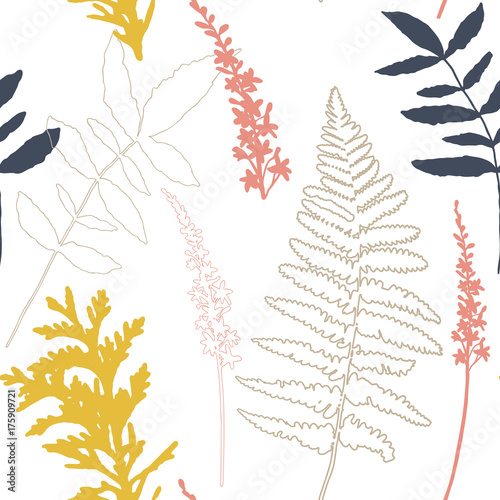Floral vector seamless pattern with wild flowers, fern leaves and evergreen p...
