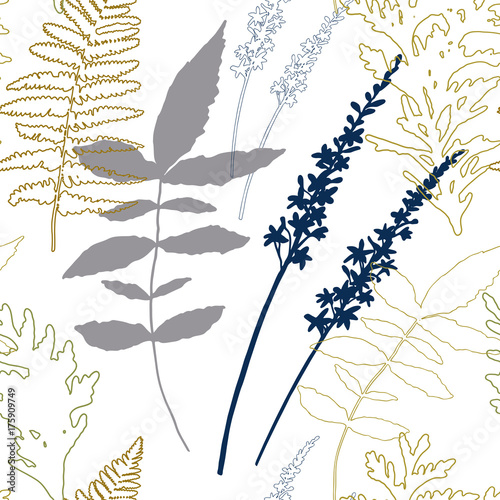 Floral vector seamless pattern with wild flowers, fern leaves and evergreen p...