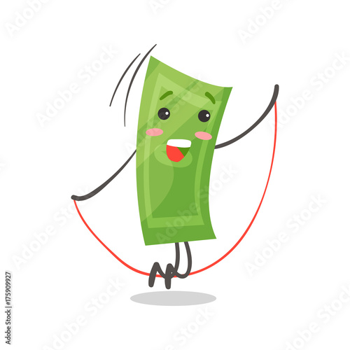 Cute smiling paper money humanized character jumping rope, money and finance concept cartoon vector Illustration