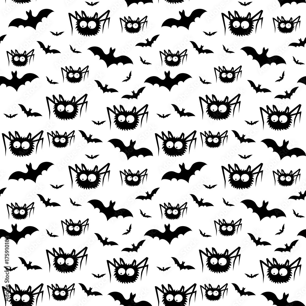 Naklejka premium Wektor wzór halloween czarnych pająków i nietoperzy