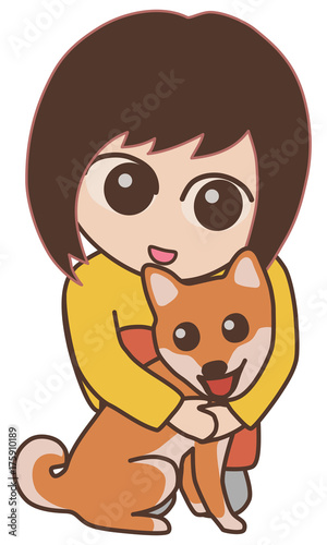 犬を抱きしめる女性　柴犬