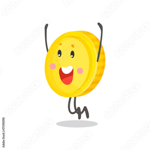 Cute happy golden smiling coin humanized character jumping, money and finance concept cartoon vector Illustration